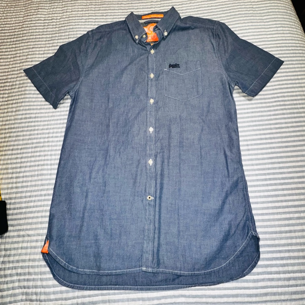 SUPERDRY Men's London Button Down Blue Short Sleeve Cotton Shirt‎ Size M